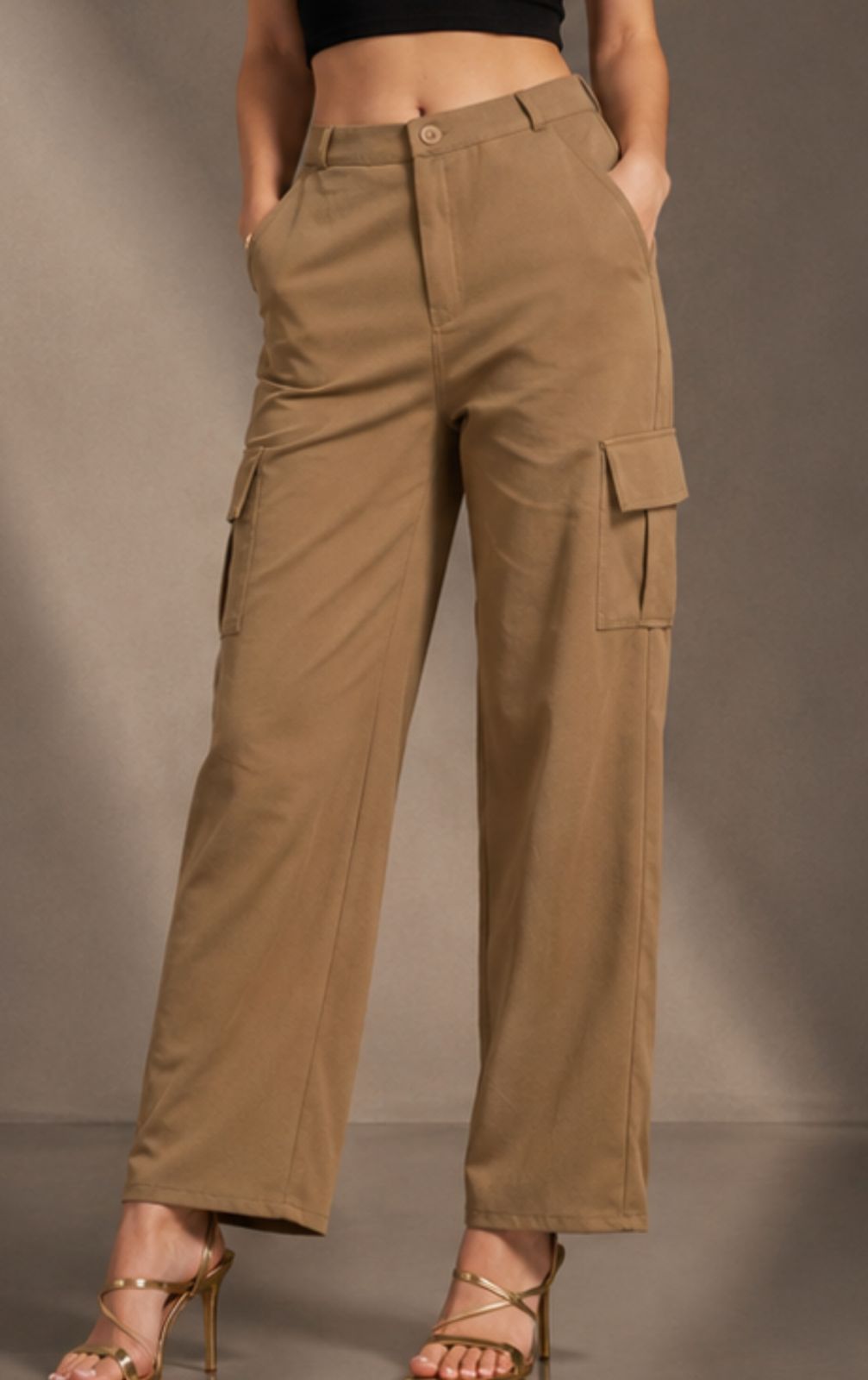 Women's Khaki Wide Leg Cargo Pants