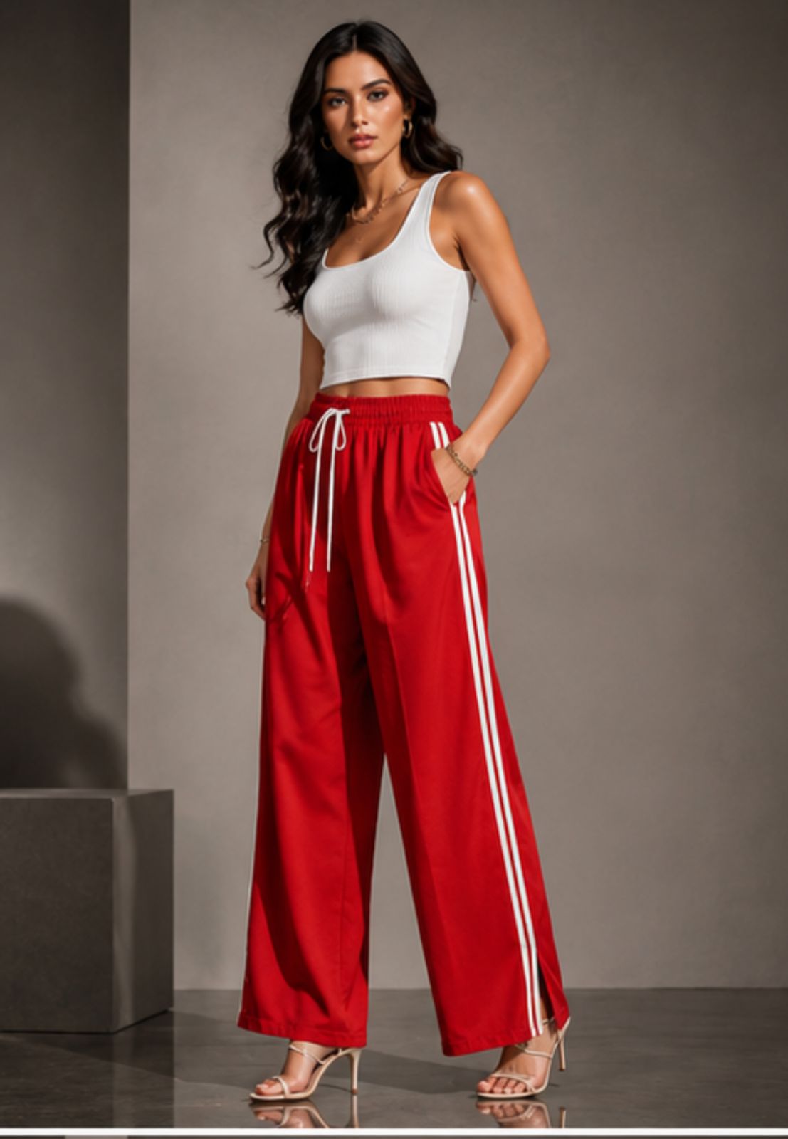 Women's Red Wide Leg Side Stripe Track Pants