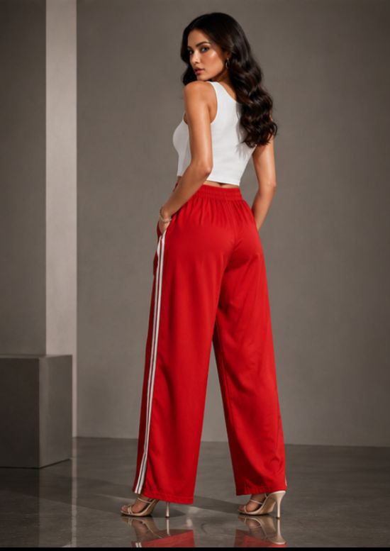 Women's Red Wide Leg Side Stripe Track Pants