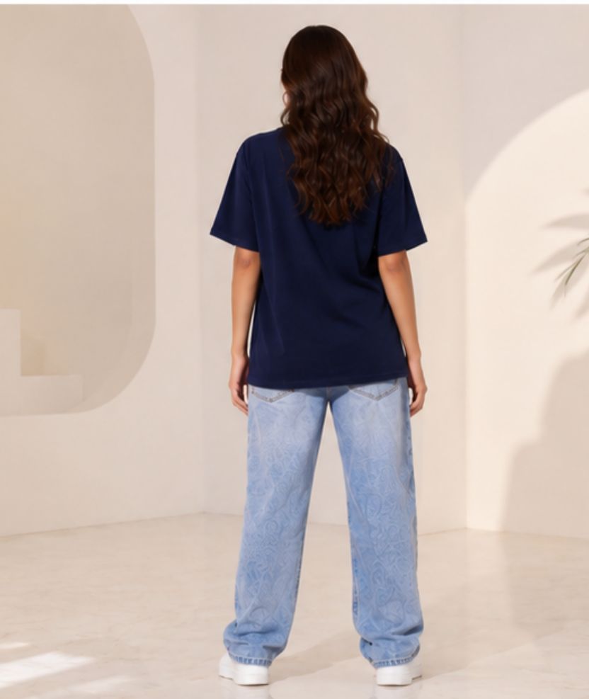 Women's Navy Oversized Crew Neck T-Shirt