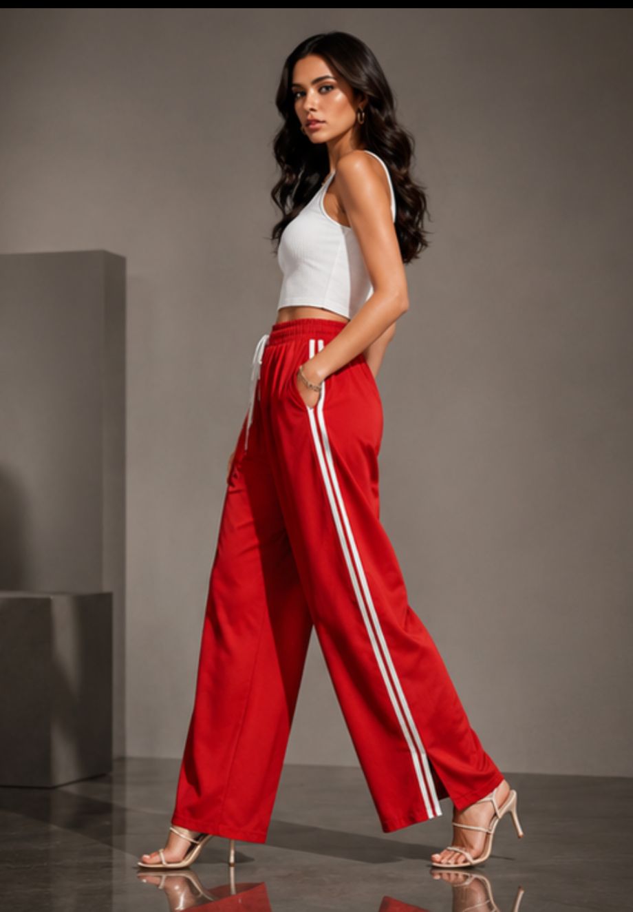 Women's Red Wide Leg Side Stripe Track Pants