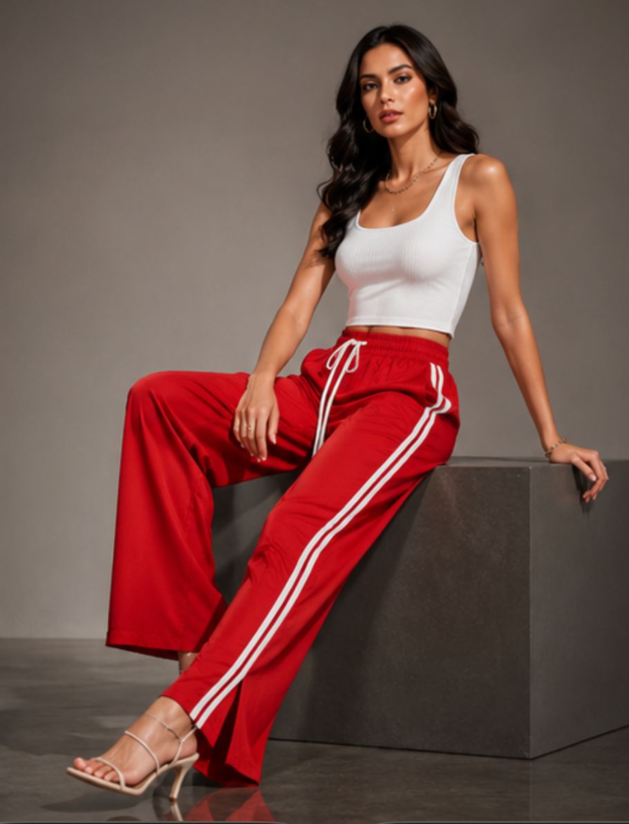 Women's Red Wide Leg Side Stripe Track Pants