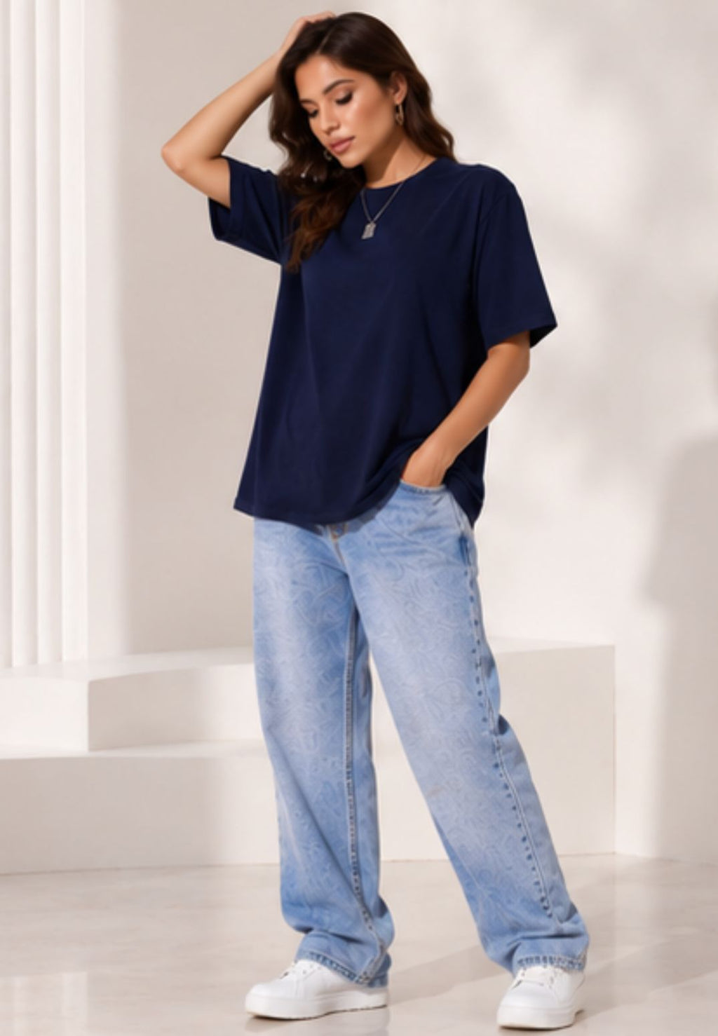 Women's Navy Oversized Crew Neck T-Shirt