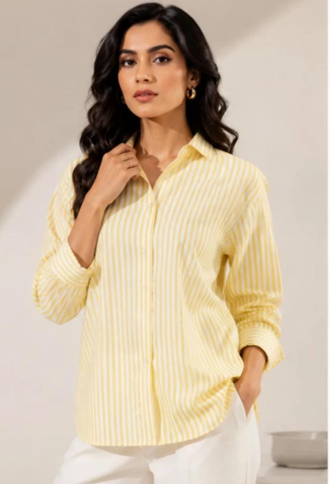 Women’s Yellow Striped Casual Button-Down Shirt