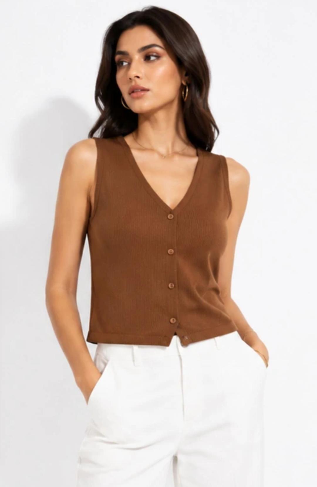 Women’s Brown Sleeveless Ribbed Button Top