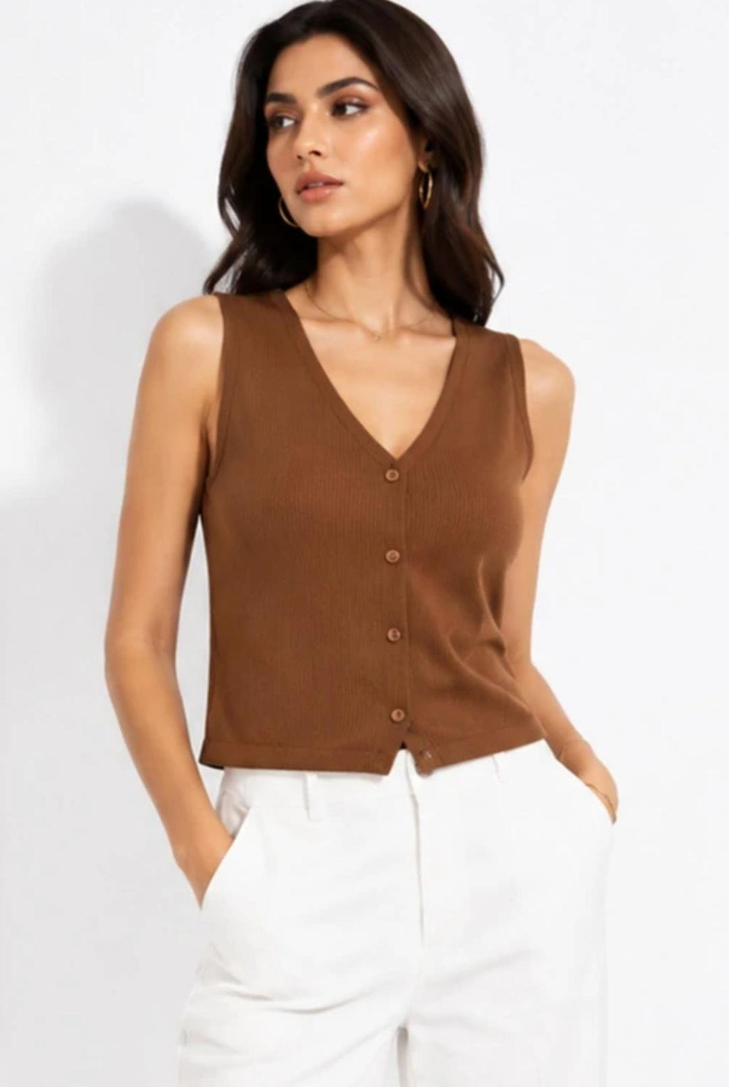 Women’s Brown Sleeveless Ribbed Button Top