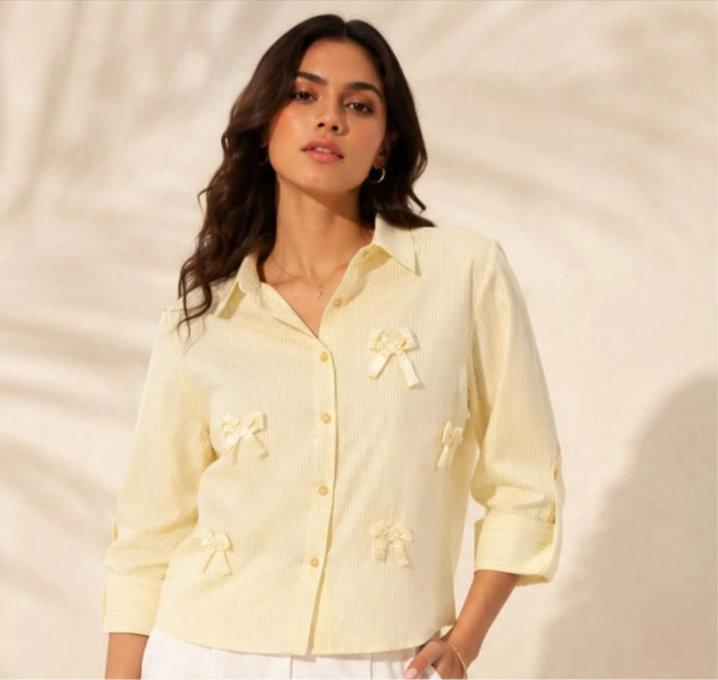 Women's Cream Pinstripe Bow Detail Shirt