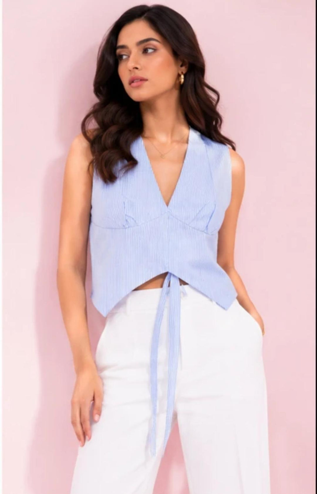 Women’s Blue Sleeveless Tie Front Top