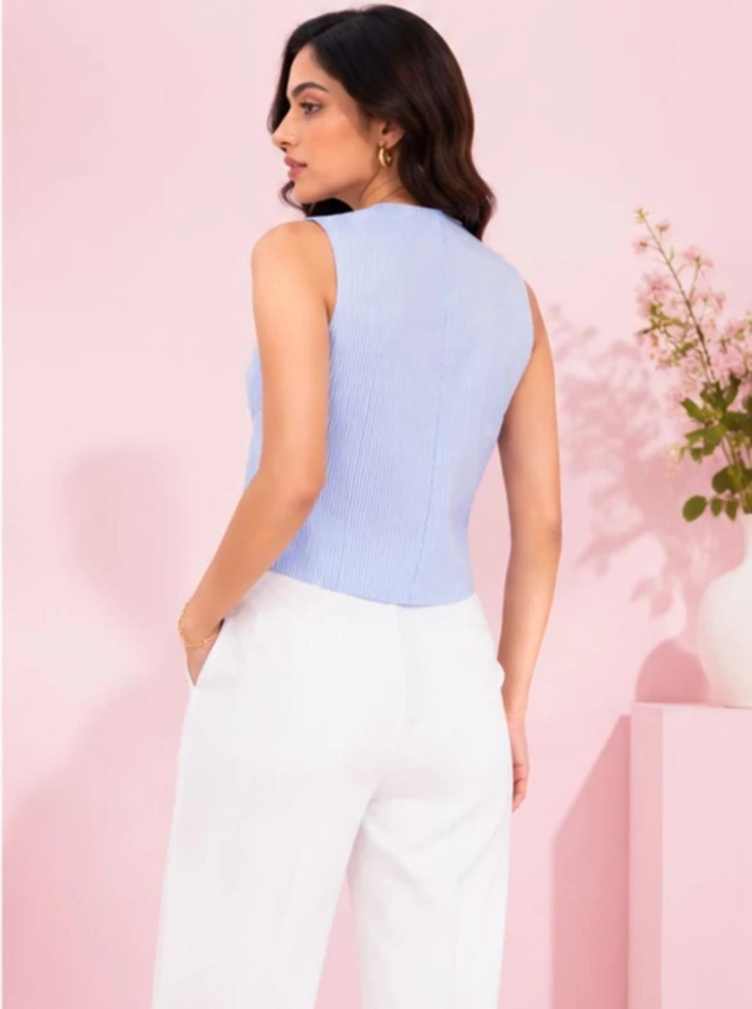 Women’s Blue Sleeveless Tie Front Top