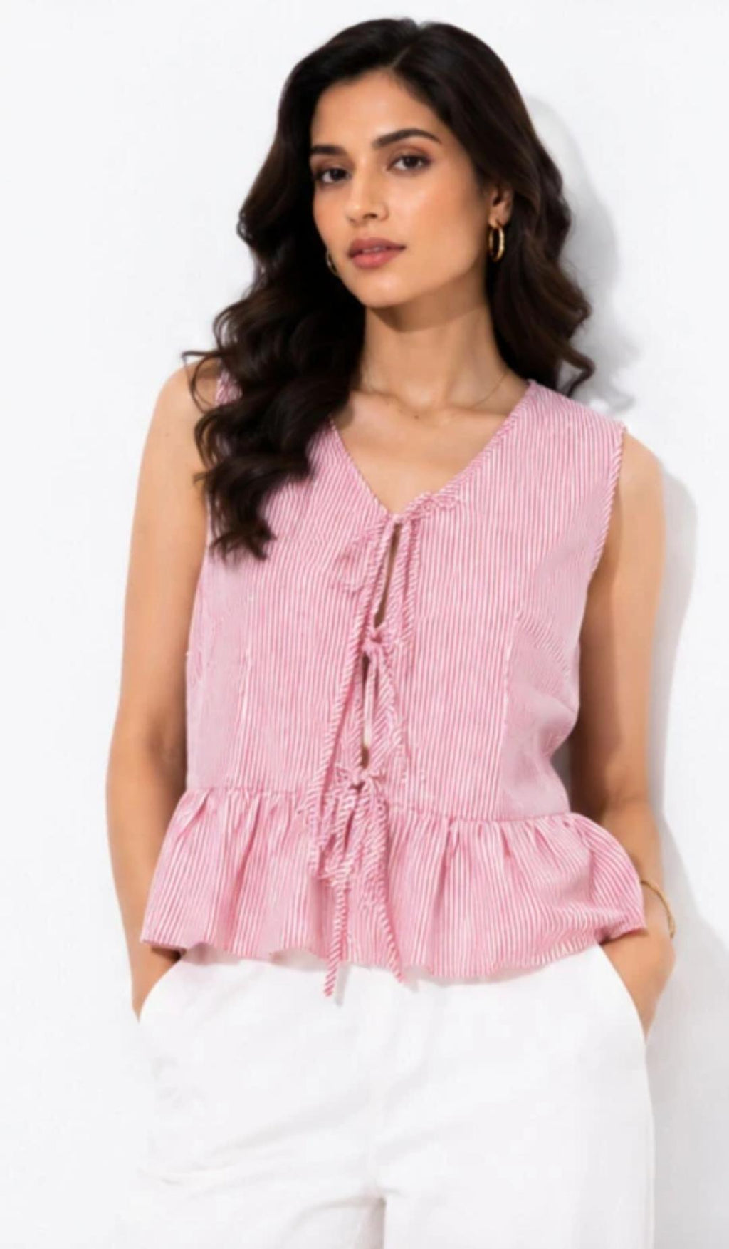 Women’s Pink Striped Sleeveless Peplum Top