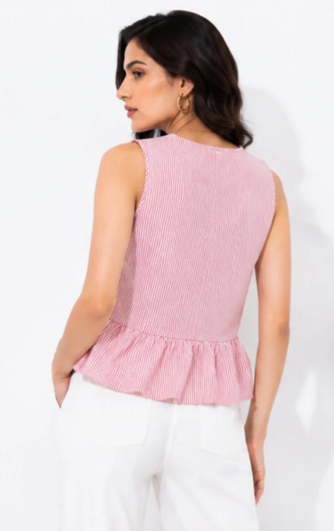 Women’s Pink Striped Sleeveless Peplum Top