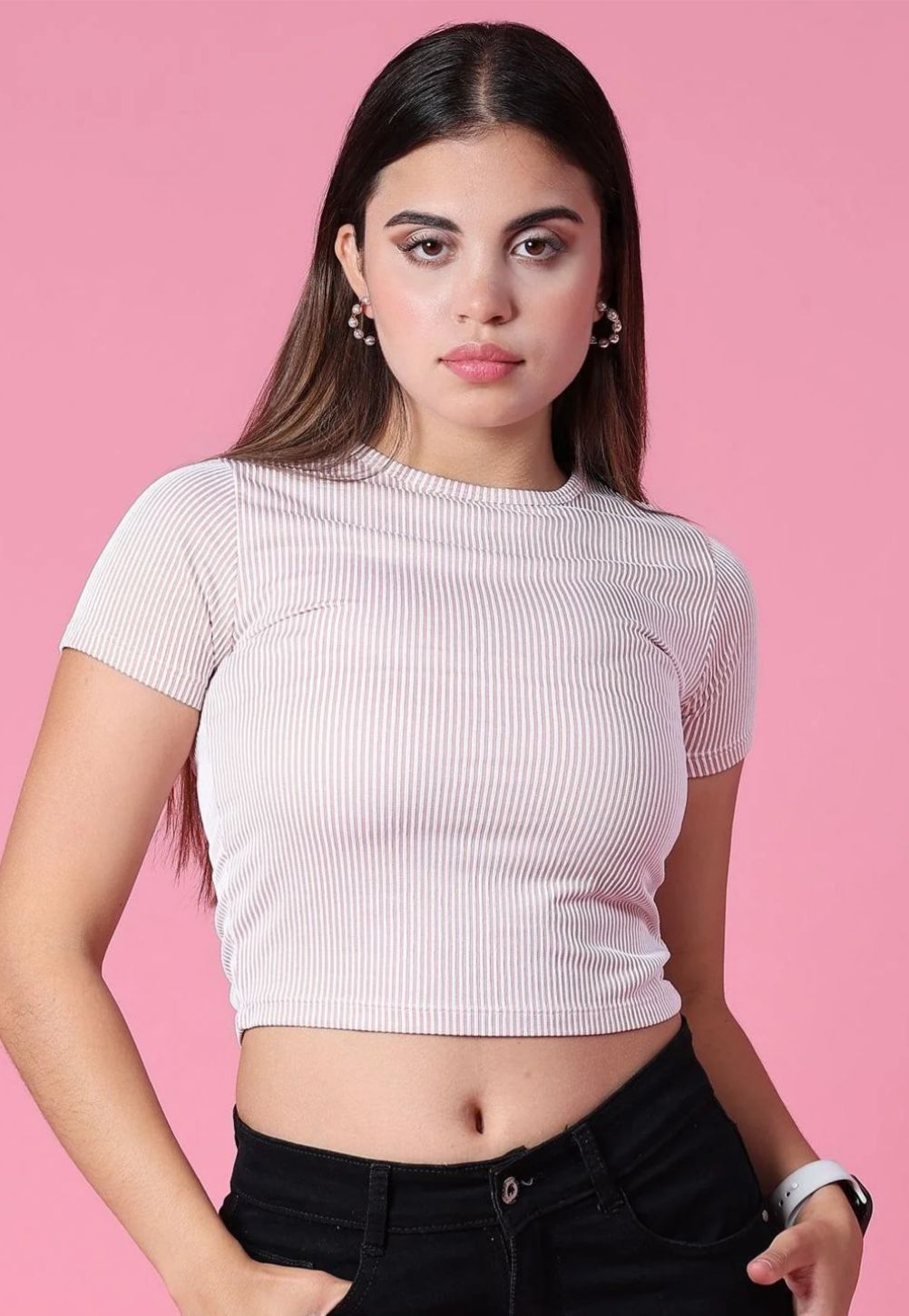 Pink & White Pinstripe Ribbed Crop Top