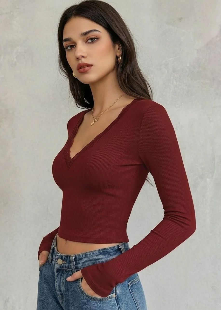 Burgundy Lace-Trim V-Neck Long Sleeve Top