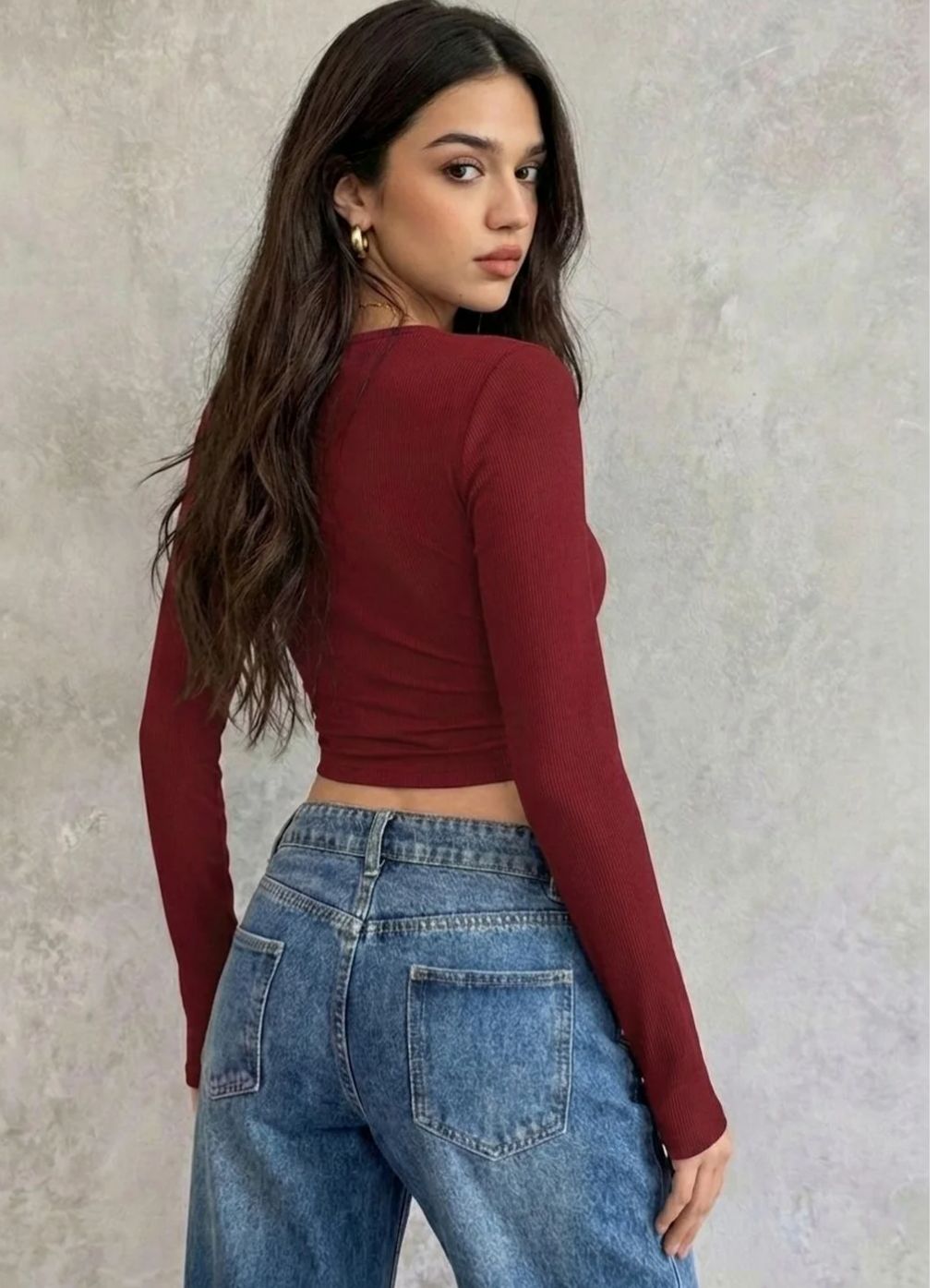 Burgundy Lace-Trim V-Neck Long Sleeve Top