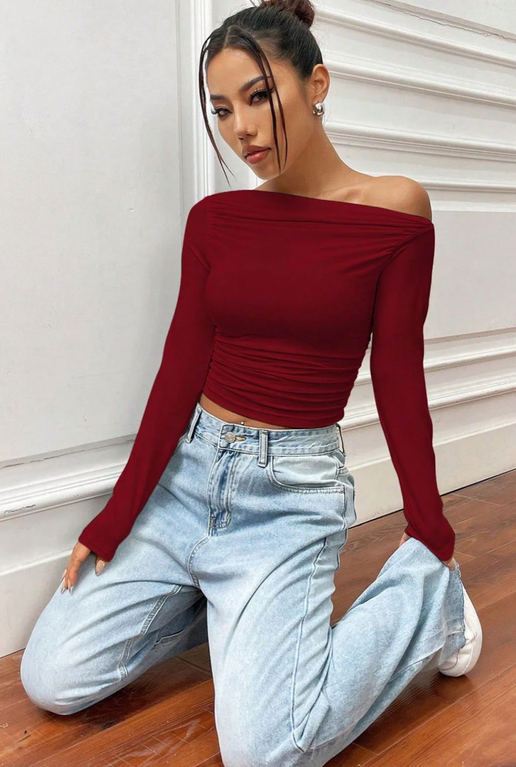 Wine Red Off-Shoulder Ruched Top