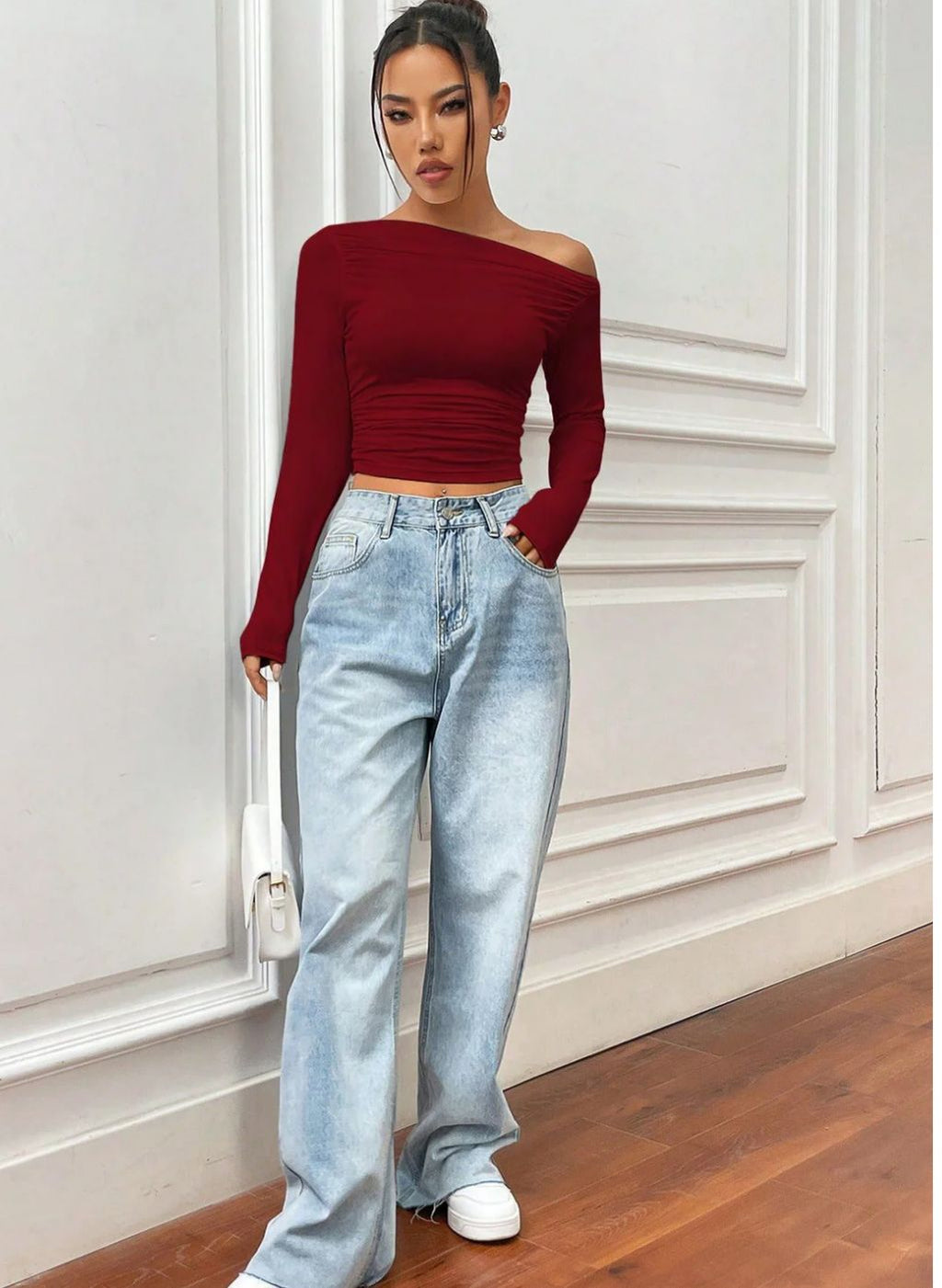 Wine Red Off-Shoulder Ruched Top