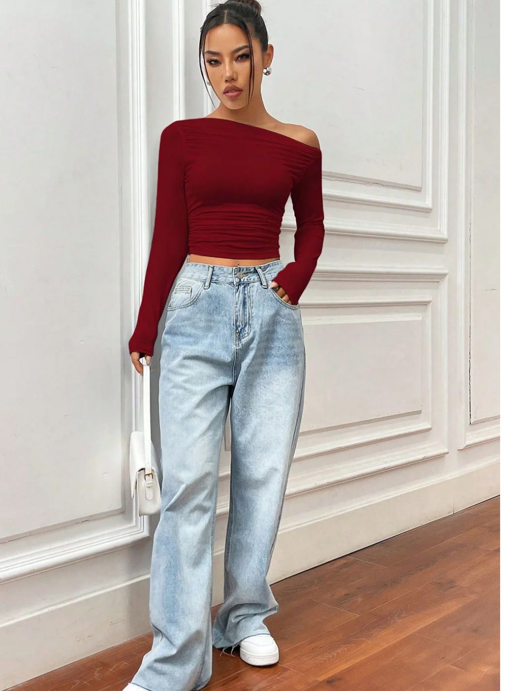 Wine Red Off-Shoulder Ruched Top