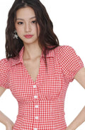 Red Gingham Puff Sleeve Corset Blouse