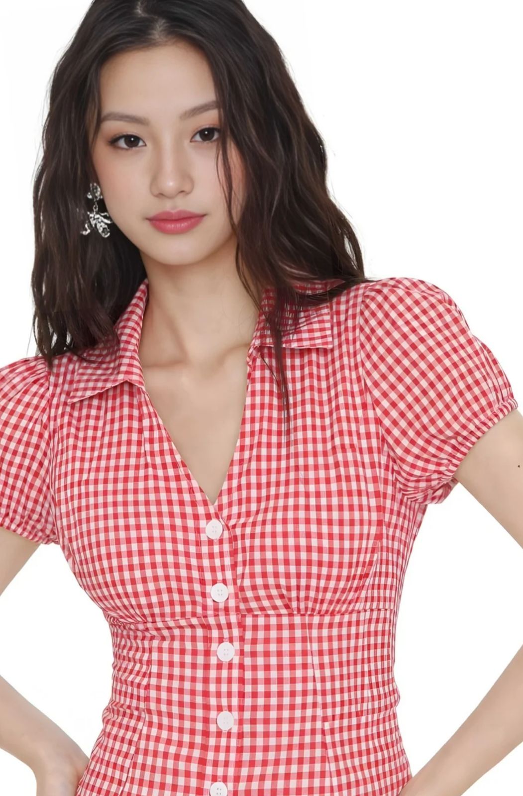 Red Gingham Puff Sleeve Corset Blouse