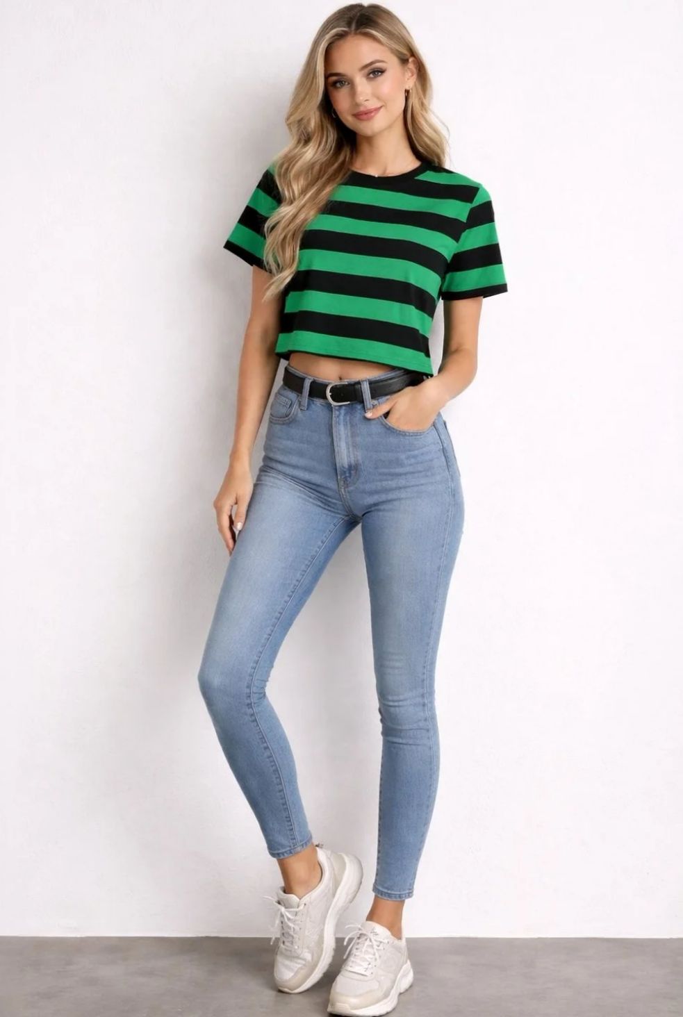 Emerald & Black Bold Striped Crop Tee