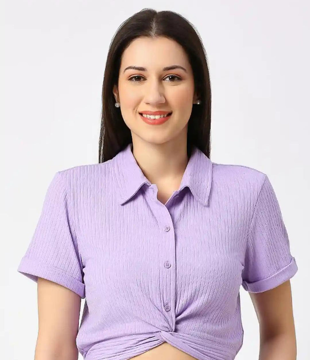 Purple Waist-Tie Button-Up Shirt