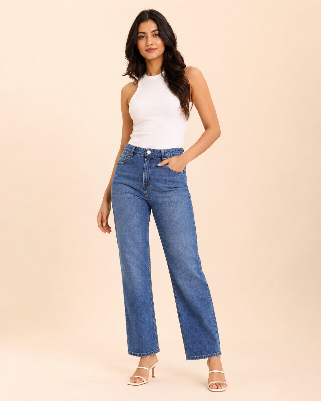 Woman wearing blue high-rise straight-leg denim jeans